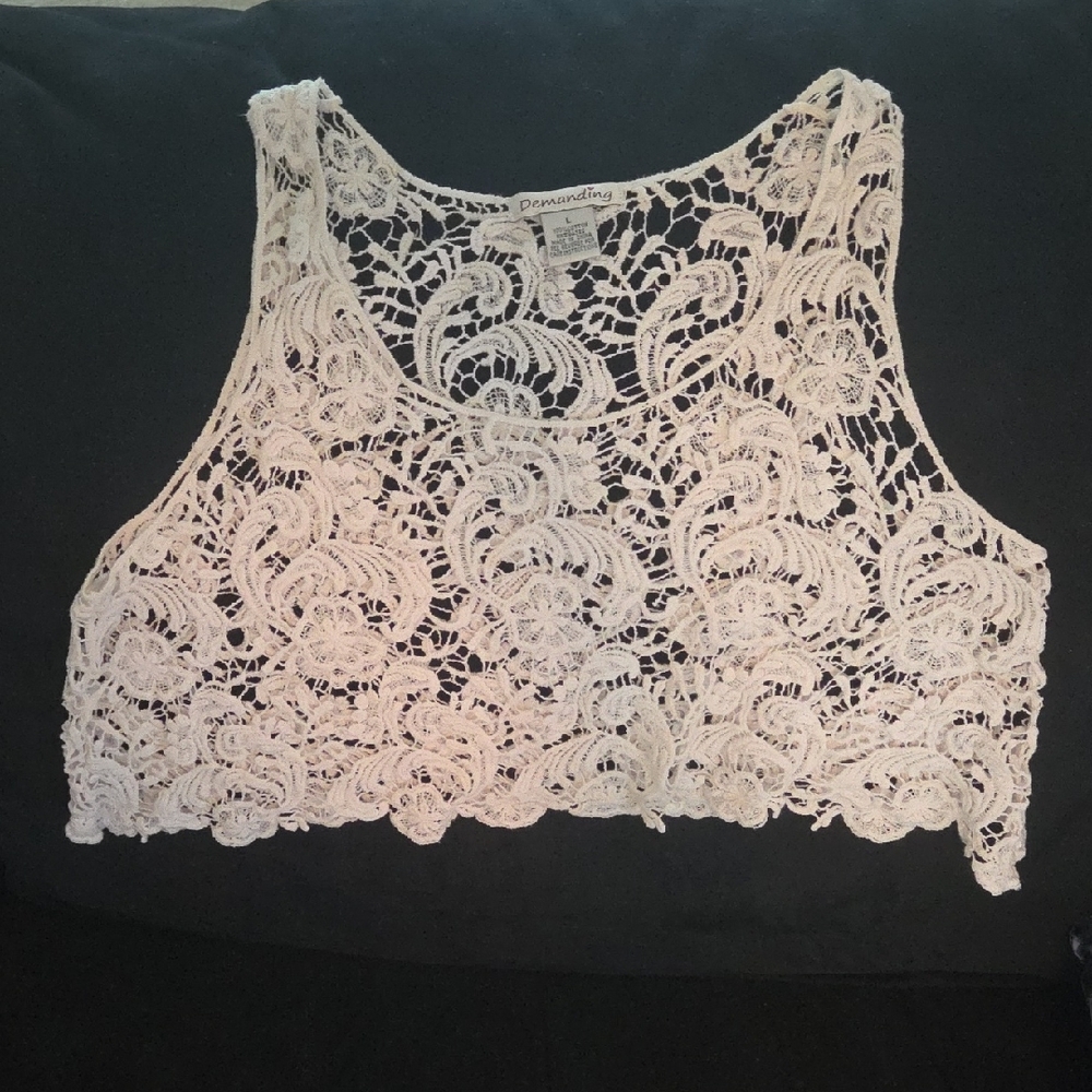 Cream Lace Crop Sleeveless Tank Top,Great, Stylish Summer Beach Cover up!